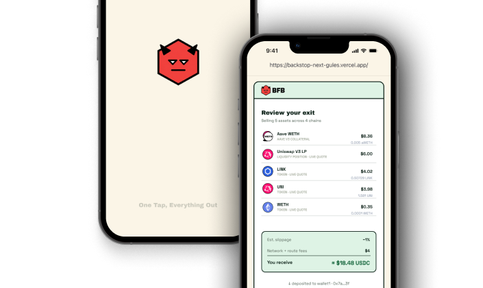 BFB — exit everything to USDC, DeFi hackathon app