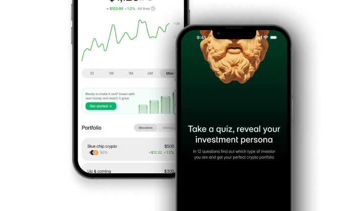 PersonaFi crypto investment app — portfolio and onboarding screens