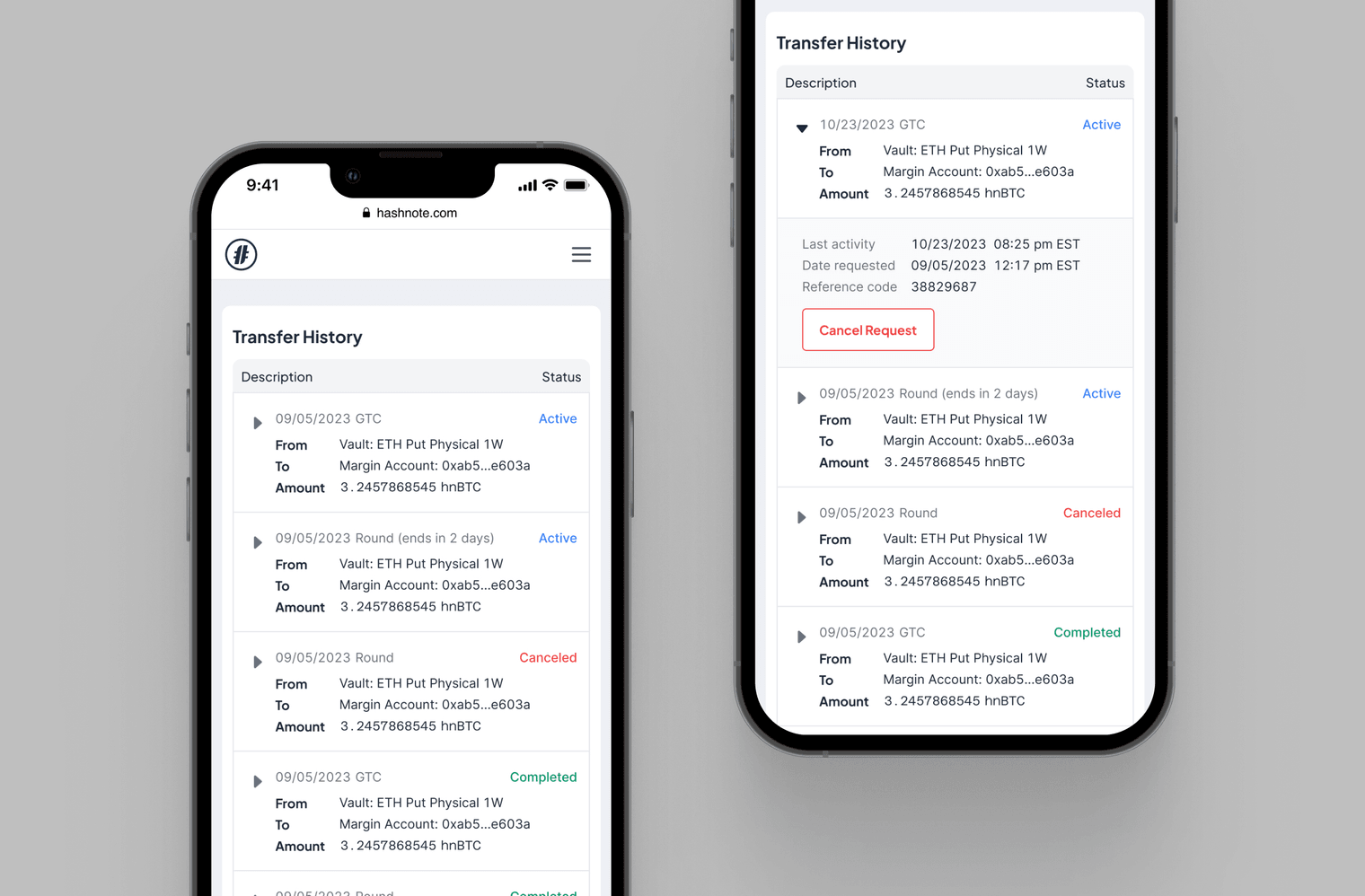 Transfer history and status panel