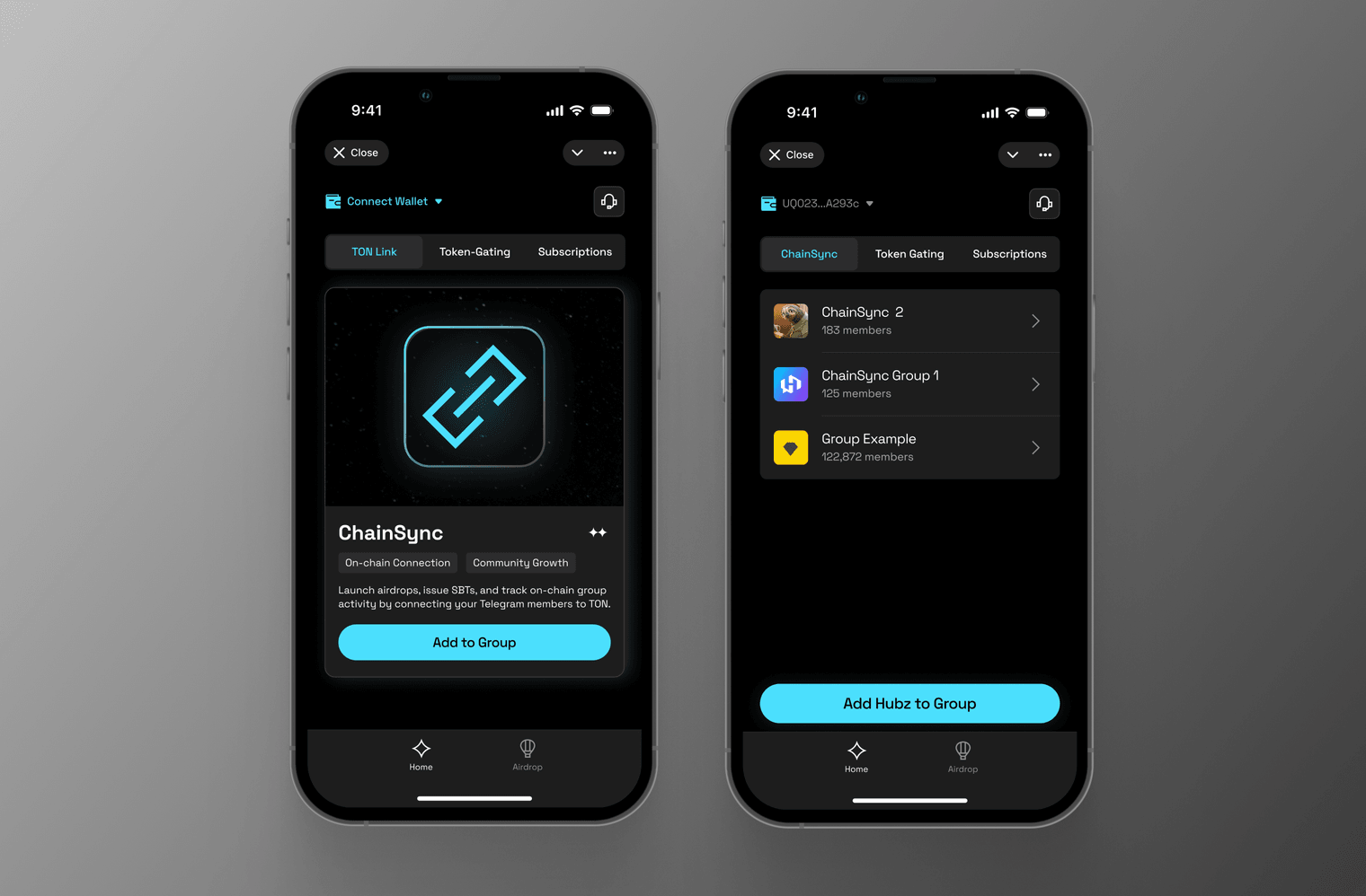 Hubz Telegram mini app — connect and token-gating screens
