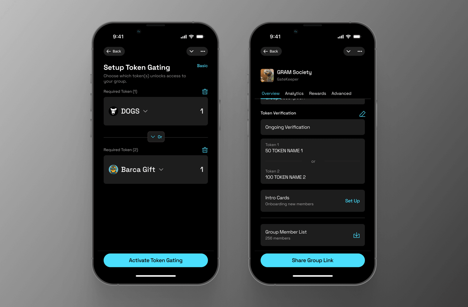 Token-gating setup — admin configuration screens